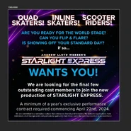 Stex2024 stunt skater audition.jpg (150 KB) Advert for Quad Skaters, Inline Skaters, Scooter riders, to apply for a year's contract with the show.