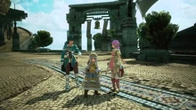 Fidel, Miki, and Relia standing in the center of Sthal.