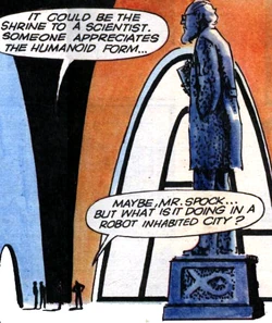 The giant statue of one of the Robots' humanoid creators.