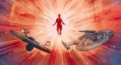 Michael's red angel suit, flanked by Enterprise and Discovery.