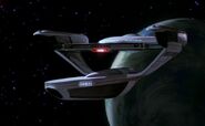 Aft view of the USS Grissom at the Genesis Planet in 2285.