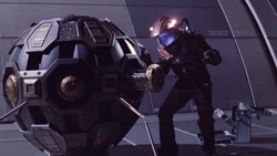 Malcolm Reed examines a Romulan mine on the hull of the Enterprise (NX-01).