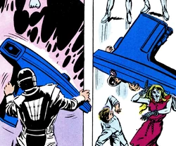 A security guard crushed by his giant phaser.