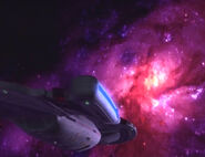 USS Voyager approaching the Swallow Nebula.