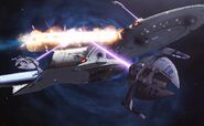 Dominion warships battle a Federation starship.