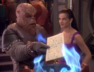 Morn and Jadzia Dax with the renewal scroll.