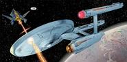Tholian dreadnaught firing its stasis weapon at the USS Enterprise.