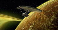 The USS Enterprise over the planet Mudd.