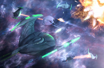 Romulan starships in battle with the Federation