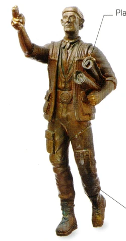 A bronze statue of Zephram Cochrane.