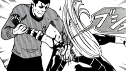 Spock breaks Danzek's shoulder.
