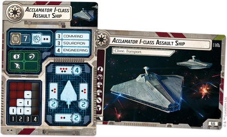Front and back of the Acclamator I-class Assault Ship card.