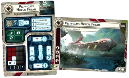 Front and back of the Pelta-class Medical Frigate ship card.