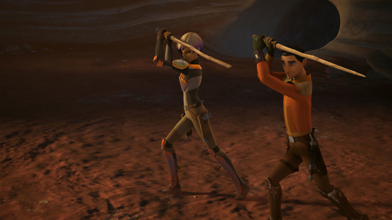 Sabine training to properly wield the Darksaber on Atollon.