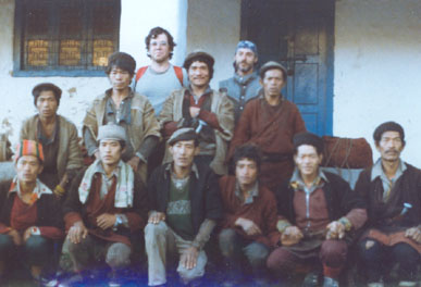 James Luceno (top right), Brian Daley (top left), and a group of Sherpas in Nepal in 1983