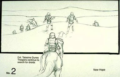 A storyboard panel depicting Imperial stormtroopers searching for R2-D2 and C-3PO