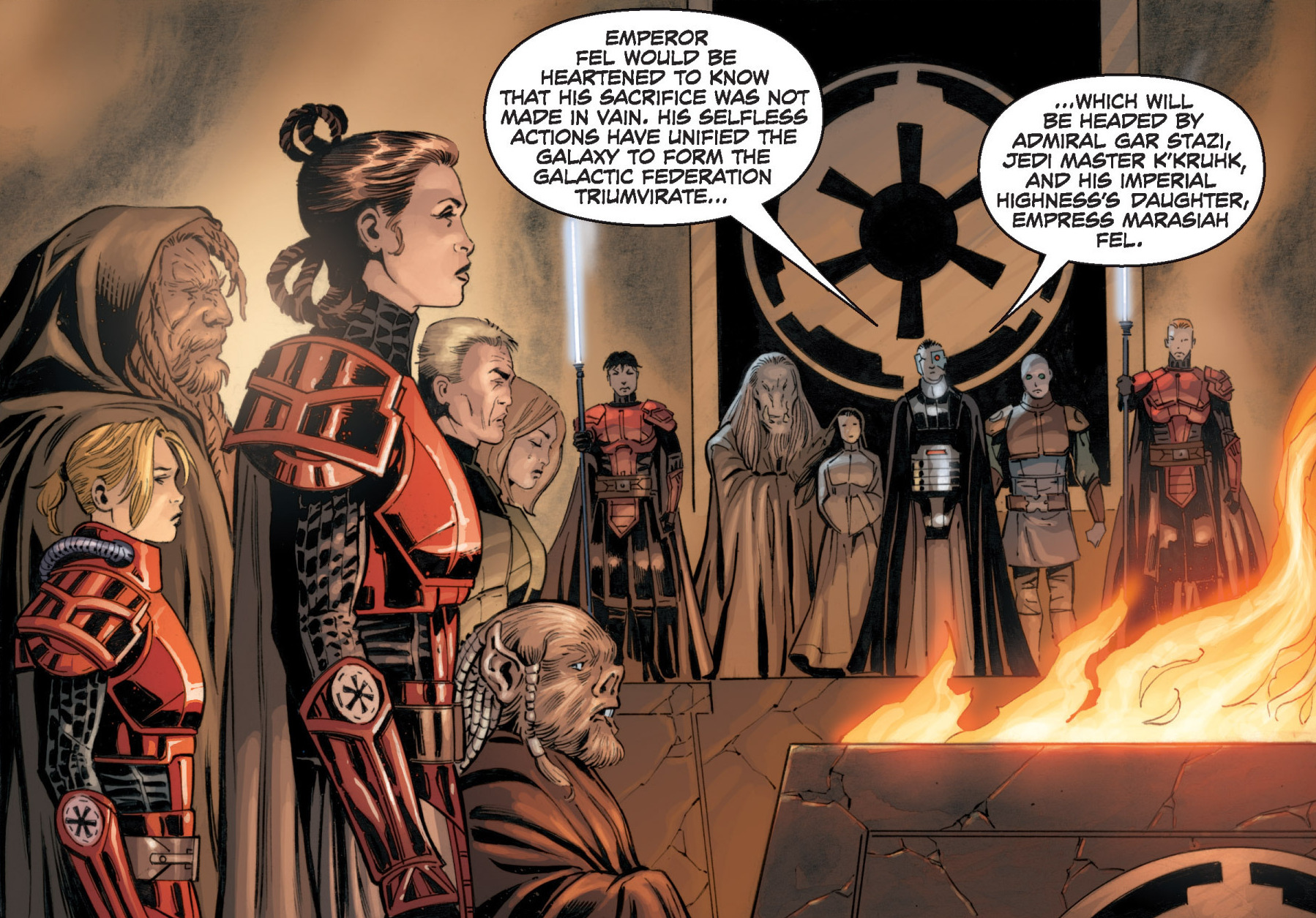 Marasiah Fel succeeded her father, who died during the Battle of Coruscant, becoming Empress of the restored Empire.