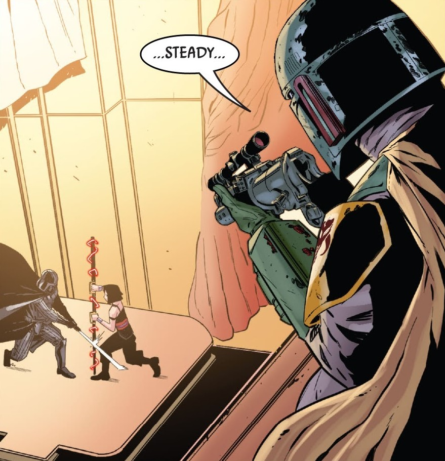 Boba Fett aims at Darth Vader