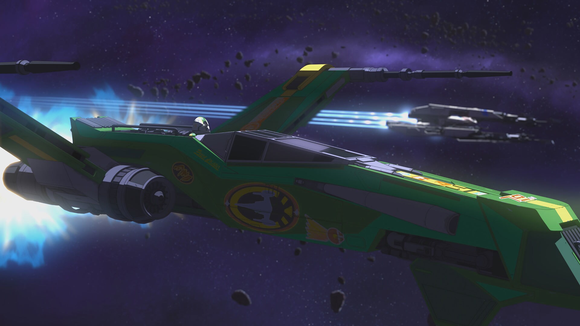 Hype Fazon's starfighter (foreground) competing against Vranki's droid racer (background)