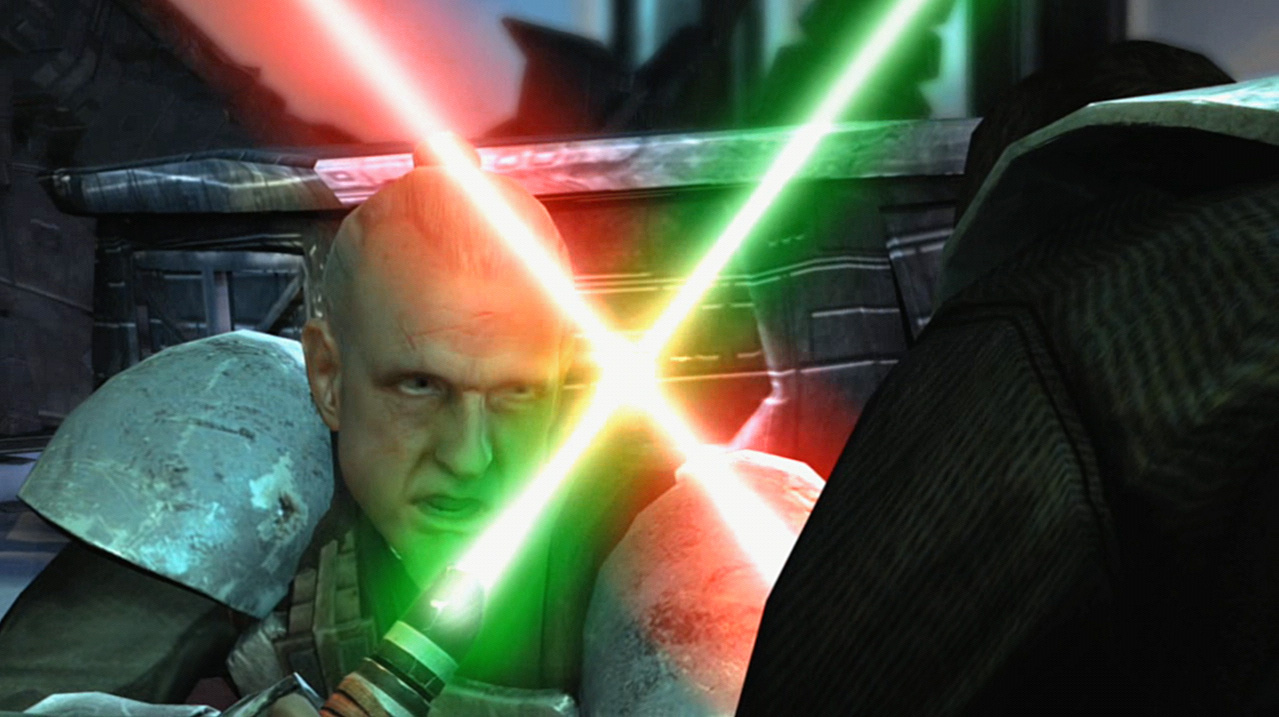 Kota wielding his lightsaber against Galen Marek