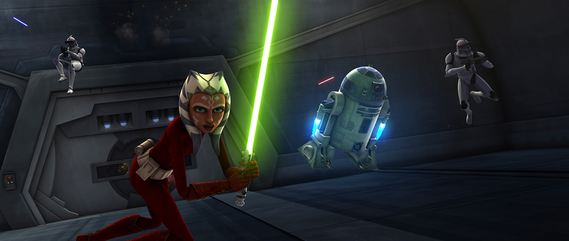 R2-D2 and Anakin's Padawan Ahsoka during one of his many Clone Wars missions.