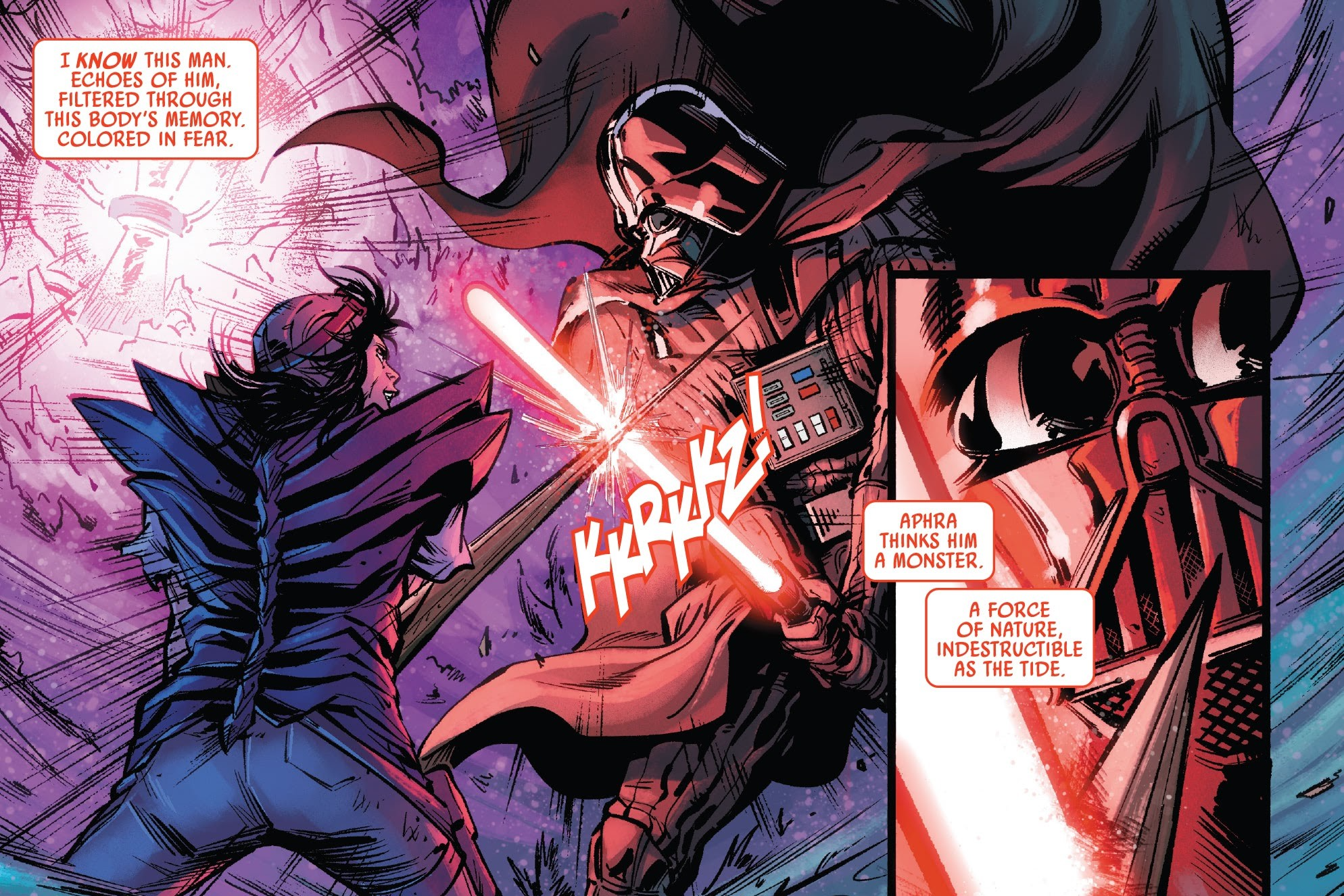 Darth Vader duels the Spark Eternal-possessed Doctor Aphra, who wielded a cortosis blade against his lightsaber.