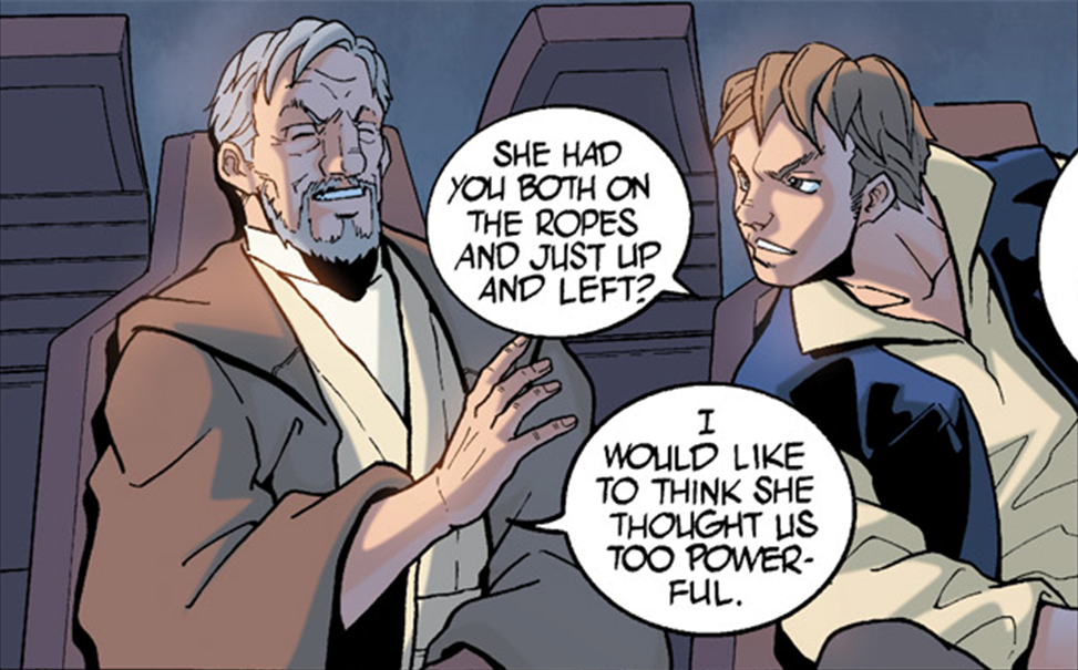 Solo speaking with Ben Kenobi aboard the Millenium Falcon