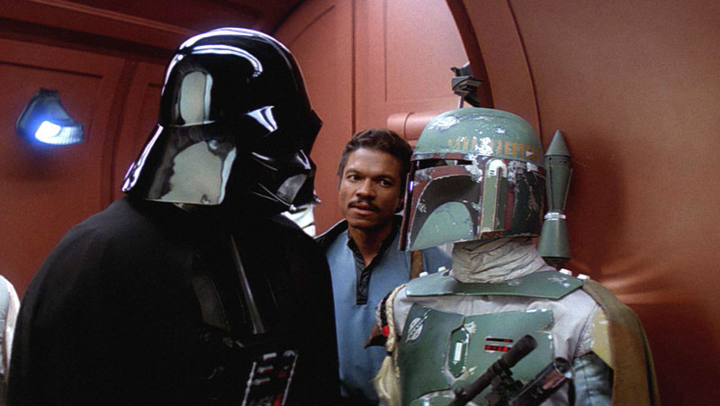 (From left to right) Darth Vader, Lando Calrissian, and Boba Fett in Cloud City