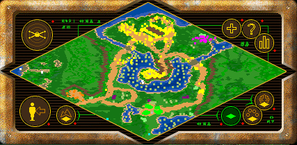 Full view of the in-game minimap at the start of the battle. Naboo units are in yellow and orange, Trade Federation forces are in green, and the Gungans are in purple.