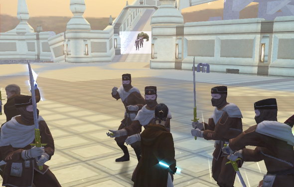 Vaklu's elite guards battling it out with the Jedi Exile during the Second Battle of Onderon (the Exile's appearance and lightsaber is customizable).