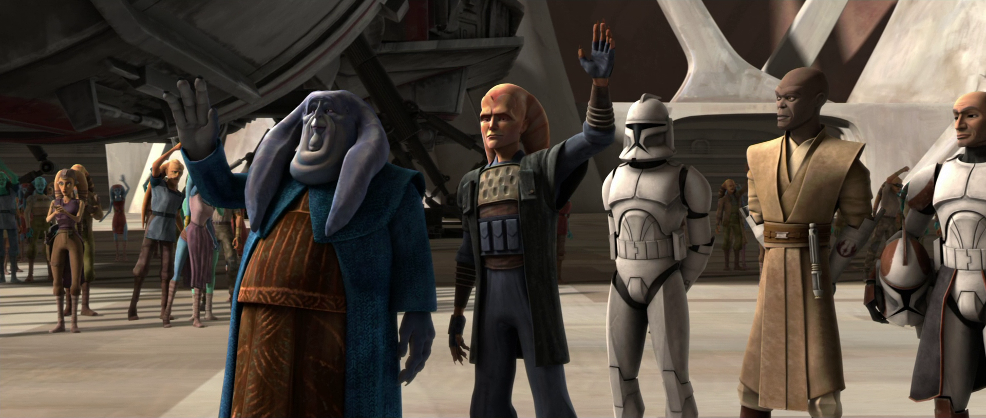 Following the Separatists' defeat, Ponds attended a victory parade in Lessu along with Mace Windu, Orn Free Ta, and Cham Syndulla.