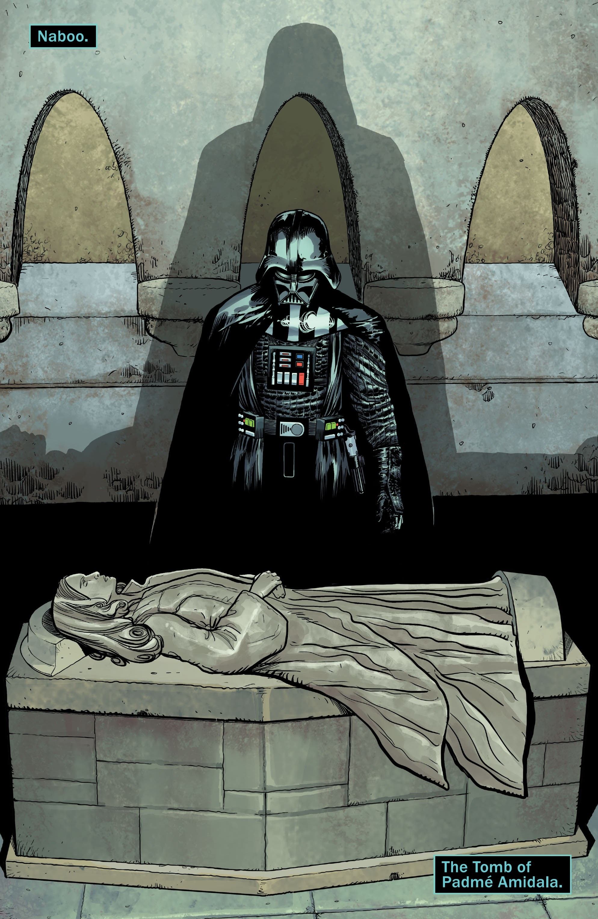 Darth Vader stands over the grave of his wife.