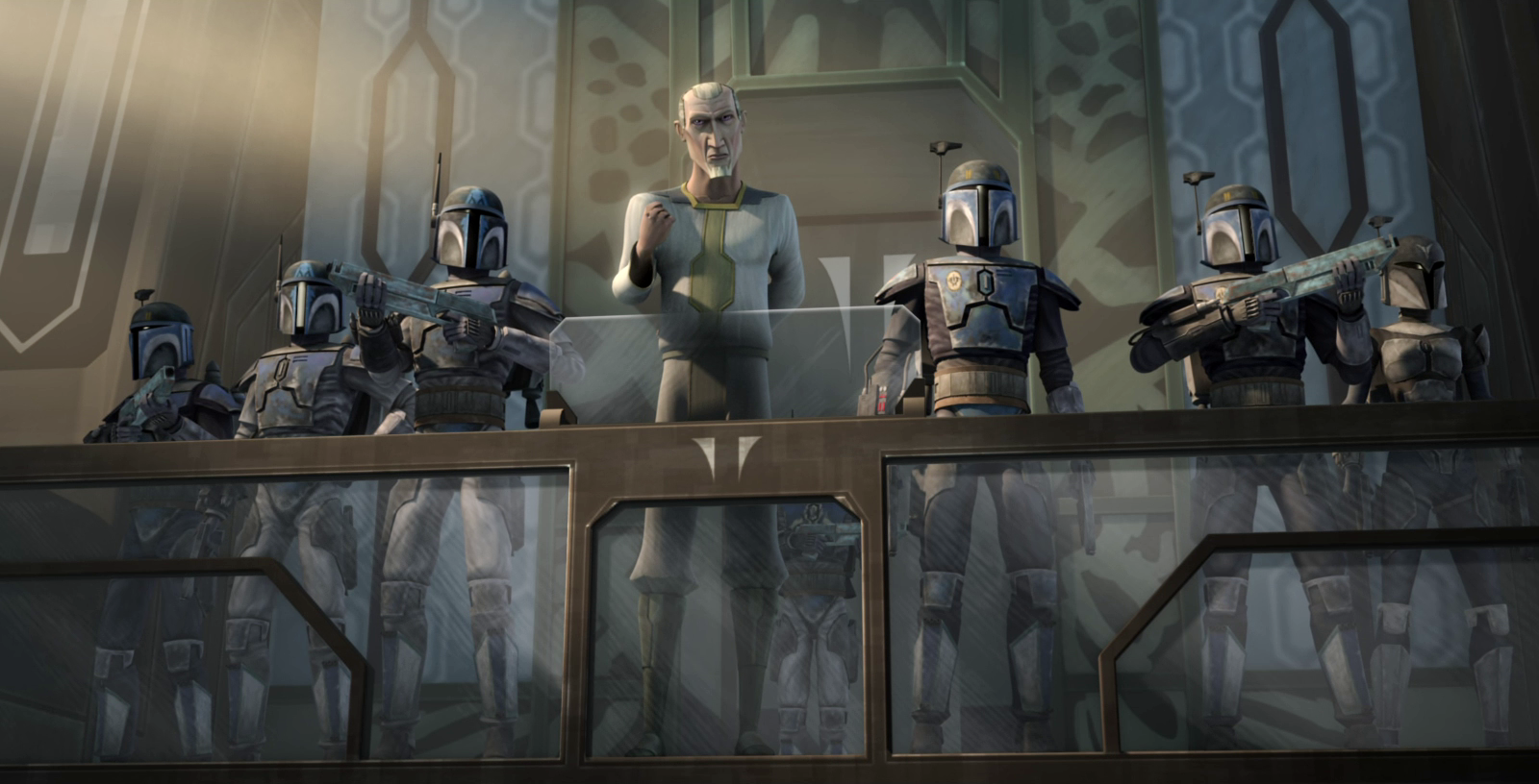 Prime Minister Almec addresses the Mandalorians on Maul's behalf.