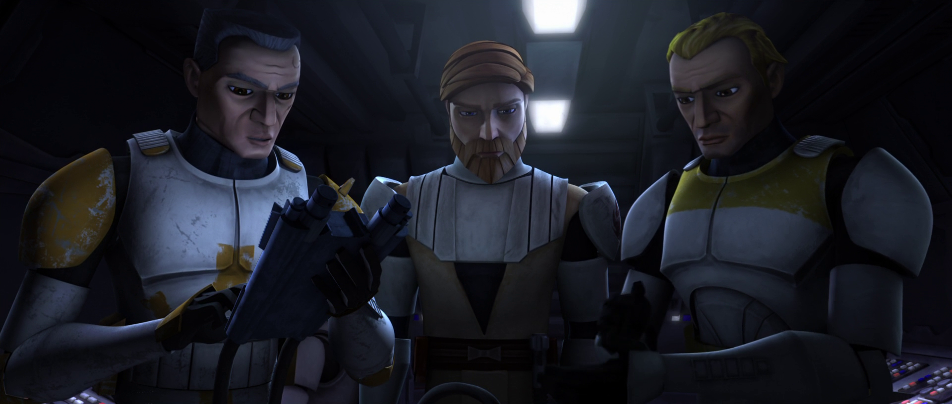 Cody, Obi-Wan Kenobi, and Crys examine the battle droid.