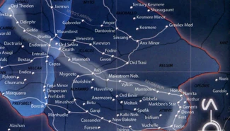 A map of the galaxy with the Relgim Run highlighted, running from Ord Thoden to Fedje.