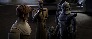 Rex confers with the Jedi about Anakin Skywalker's plan to save Chancellor Palpatine.