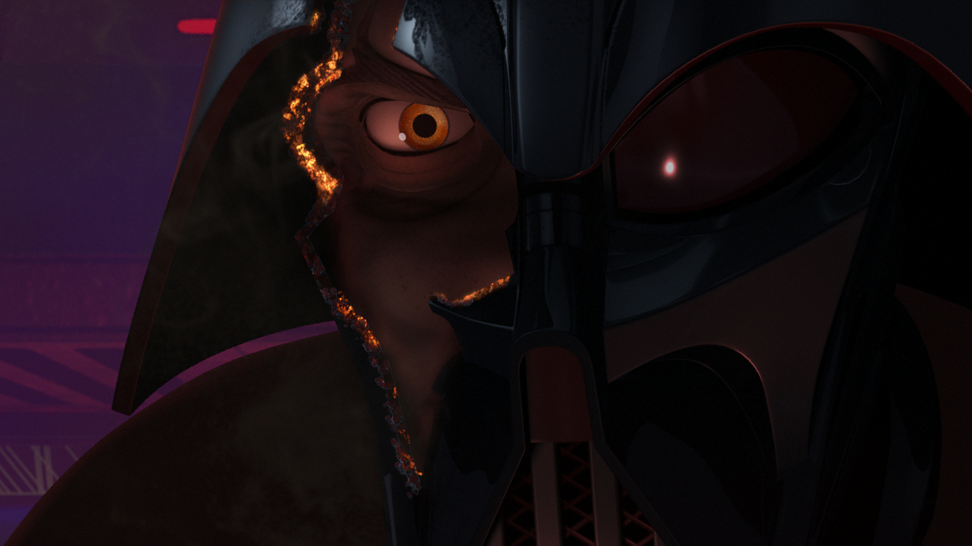 Vader's face beneath his damaged mask