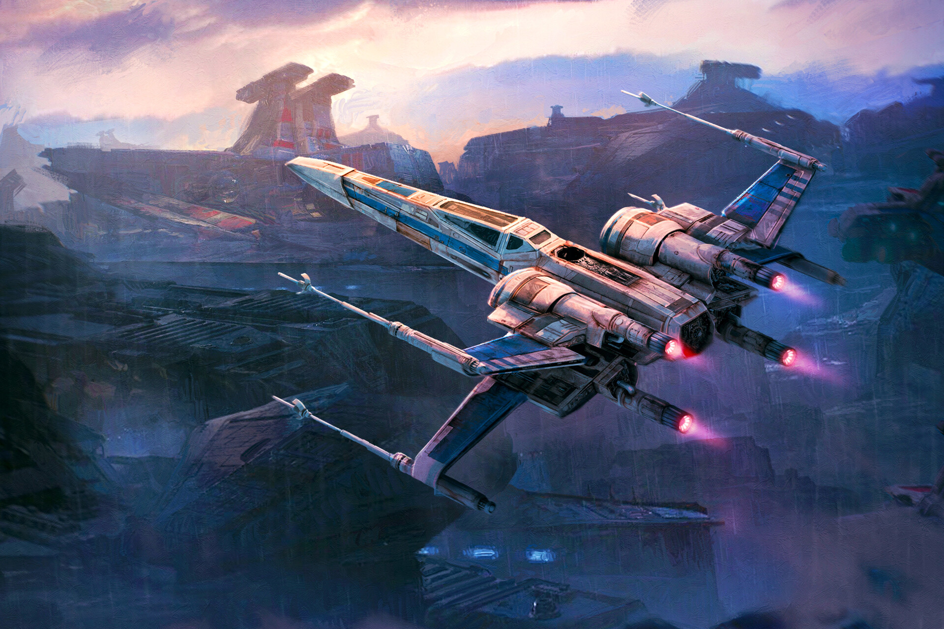 Versio steals a T-70 X-wing fighter from Bracca