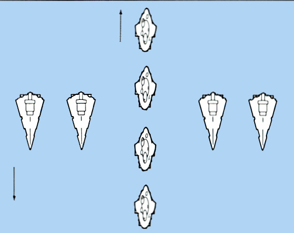 A group of Mon Calamari Starships using the Ackbar Slash against a group of Star Destroyers