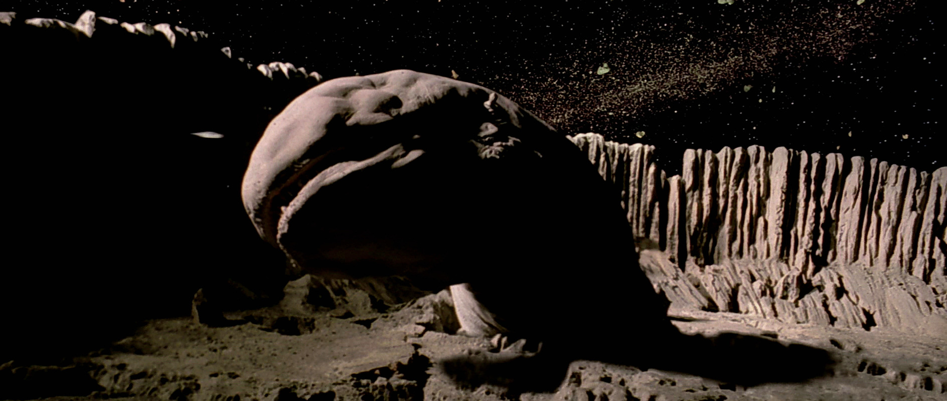 A 900-meter-long exogorth emerges from one of the field's largest asteroids.