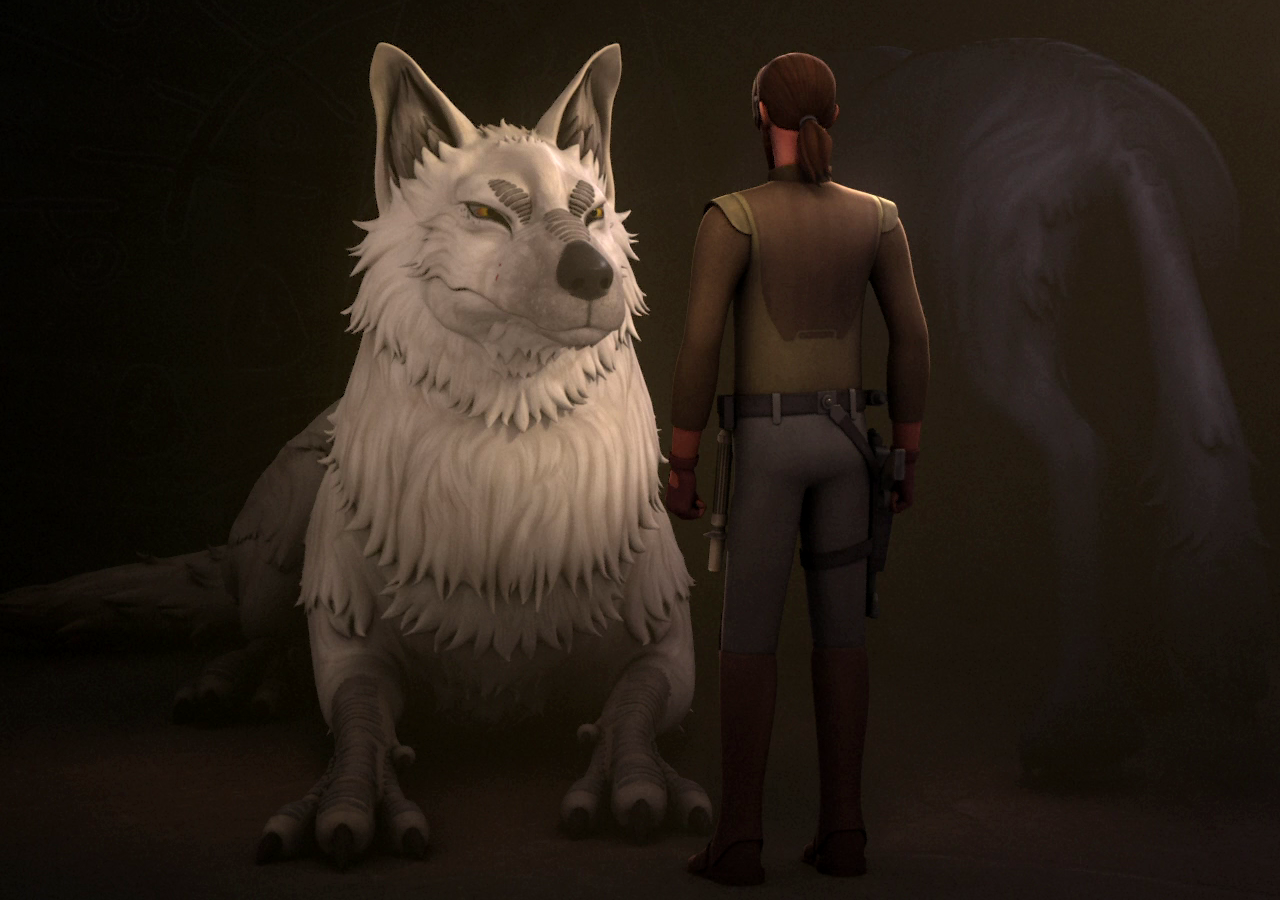 Kanan Jarrus and a white Loth-wolf