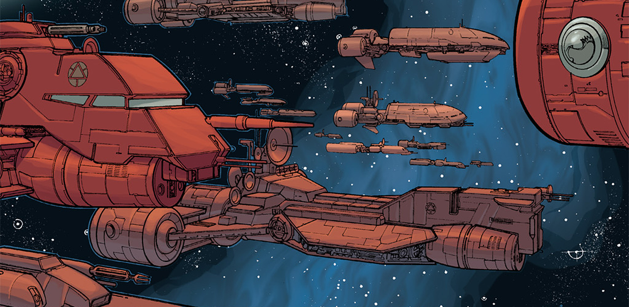 Tarkin's fleet prepares to jump to Troiken during the Stark Hyperspace War.