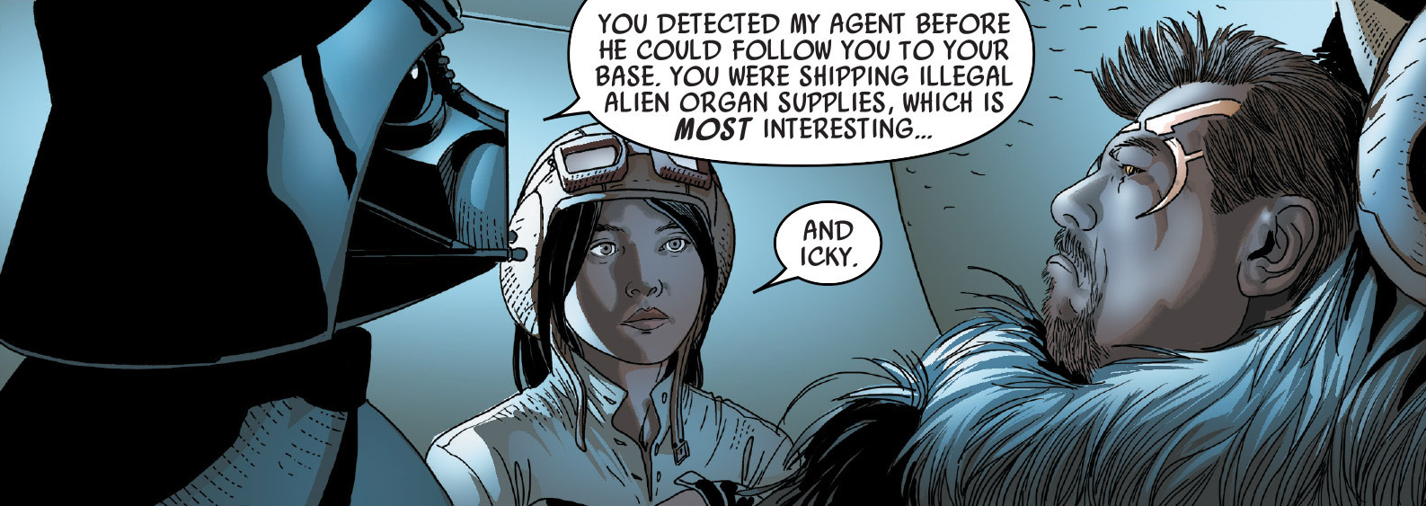 Black Krrsantan brings Doctor Cylo before Darth Vader aboard Aphra's ship, the Ark Angel.