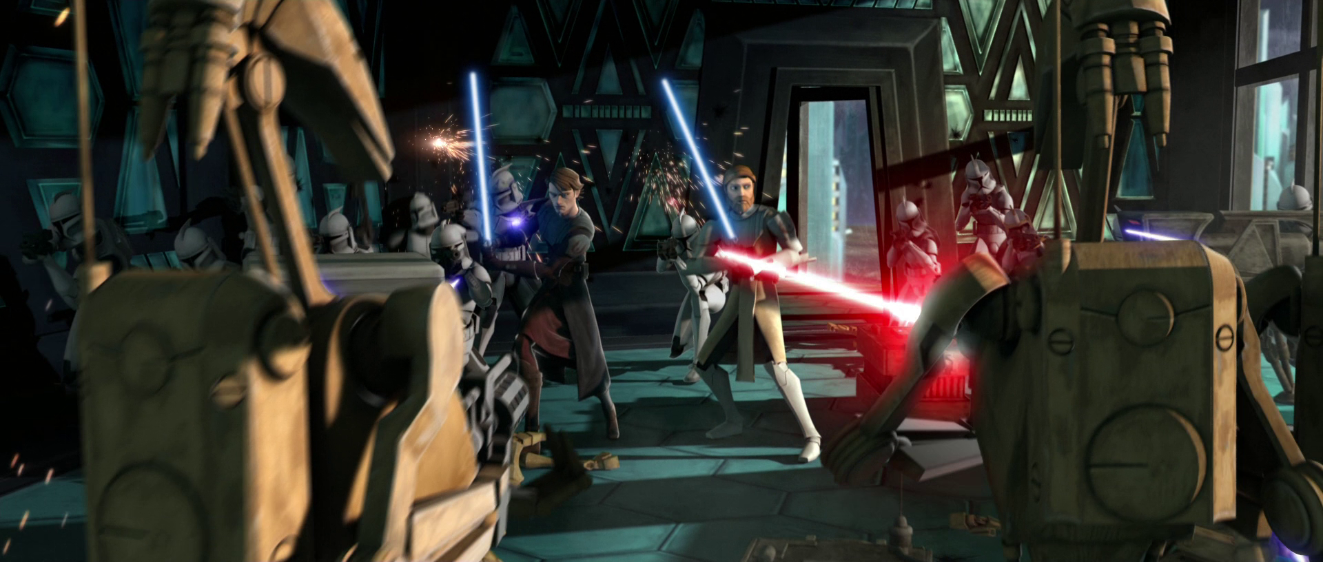 Skywalker, Kenobi, and their forces are ambushed in the south tower.