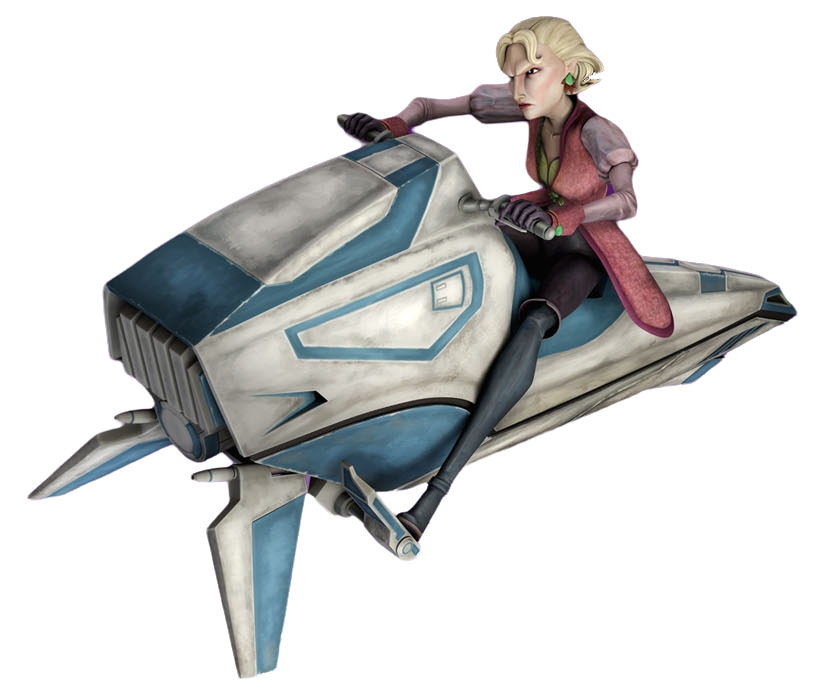 Satine riding a Mandalorian speeder bike.