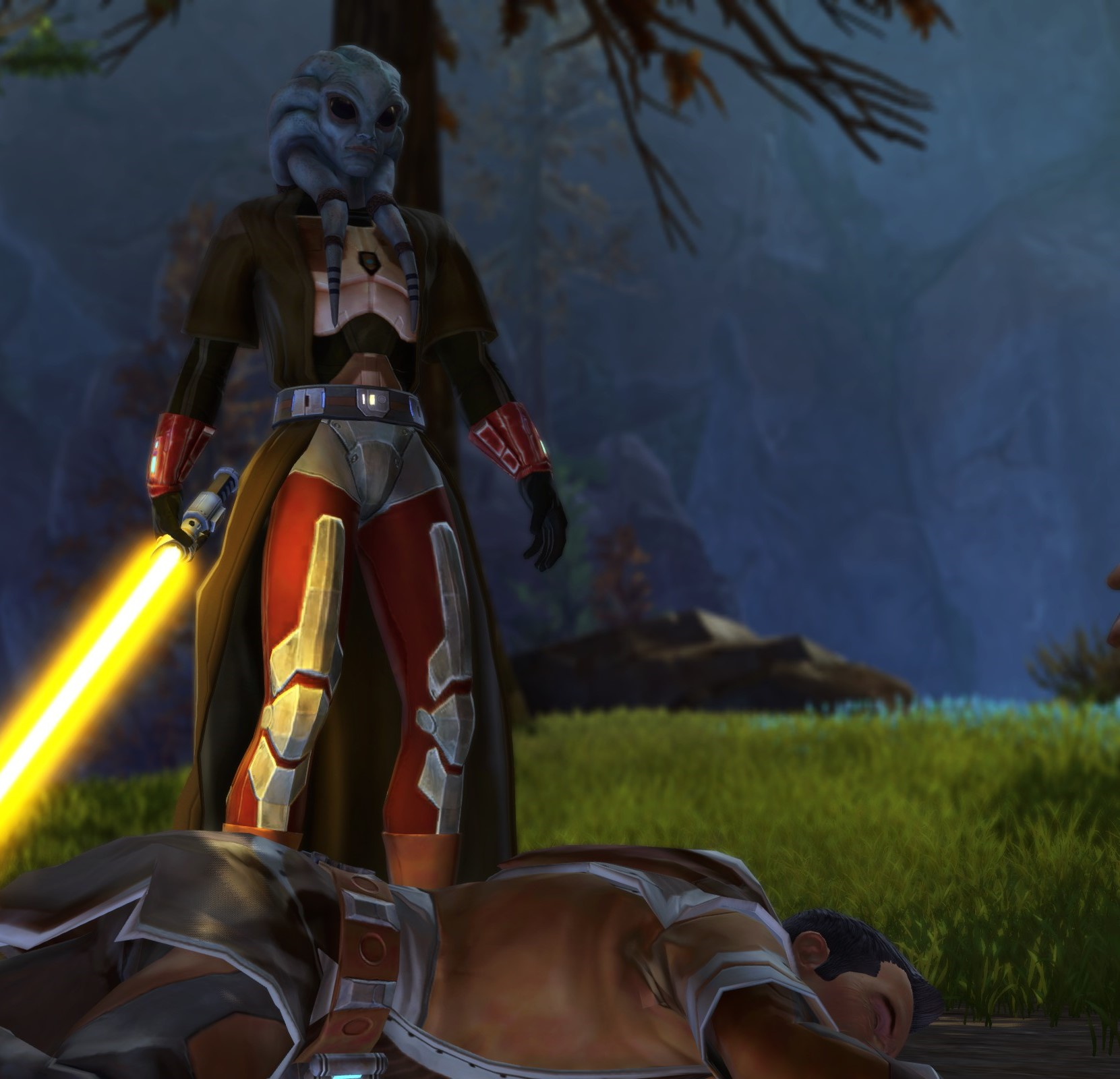 Orgus Din at the mercy of his former Padawan, Bengel Morr.