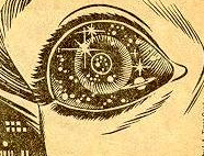 Star in the eyes, as it appeared in the 1979 original version of the strip (note the ringed planetary object at the bottom right portion of the eye).