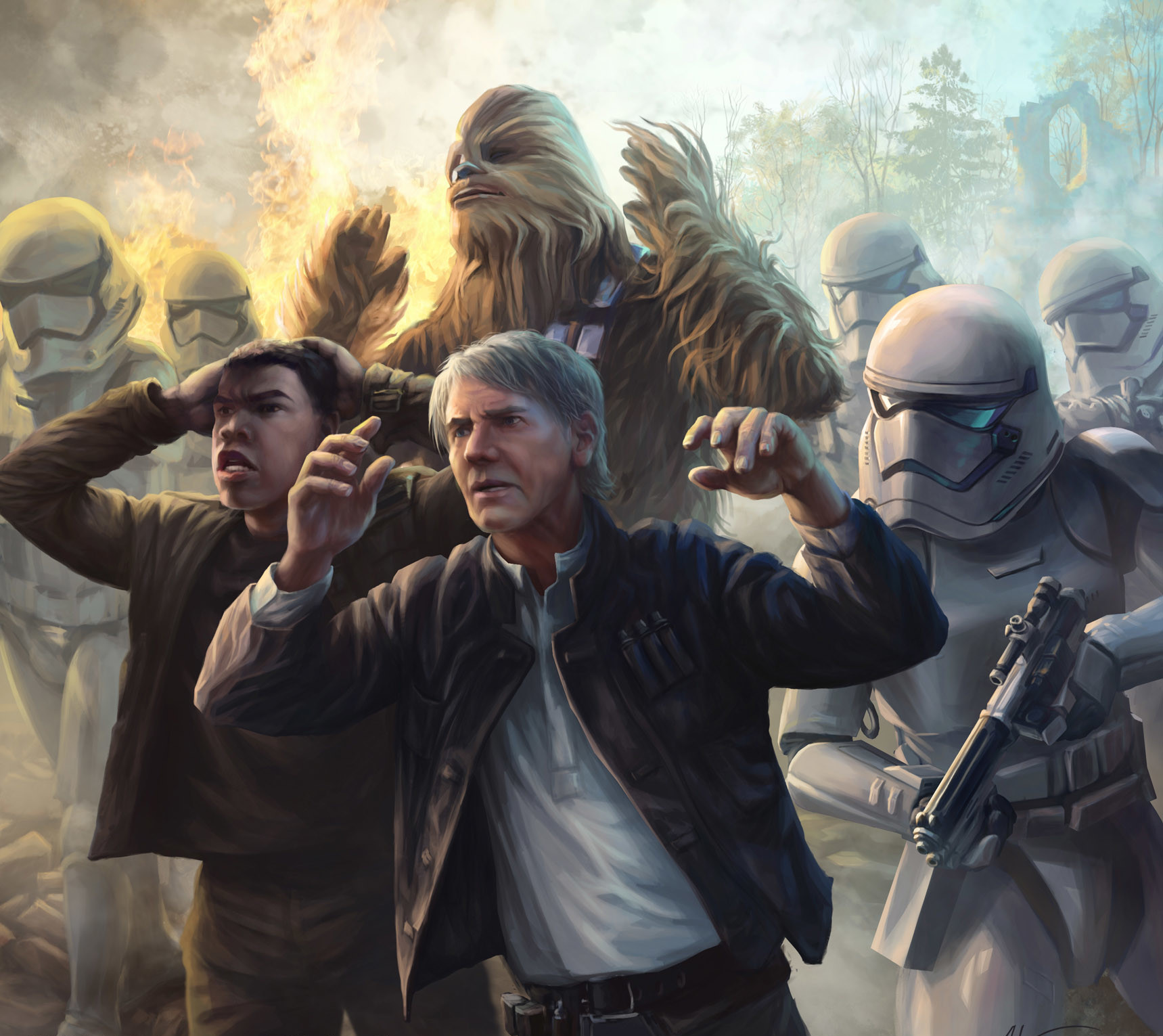 Han Solo, Chewbacca, and Finn were captured by Kylo Ren's division on Takodana.