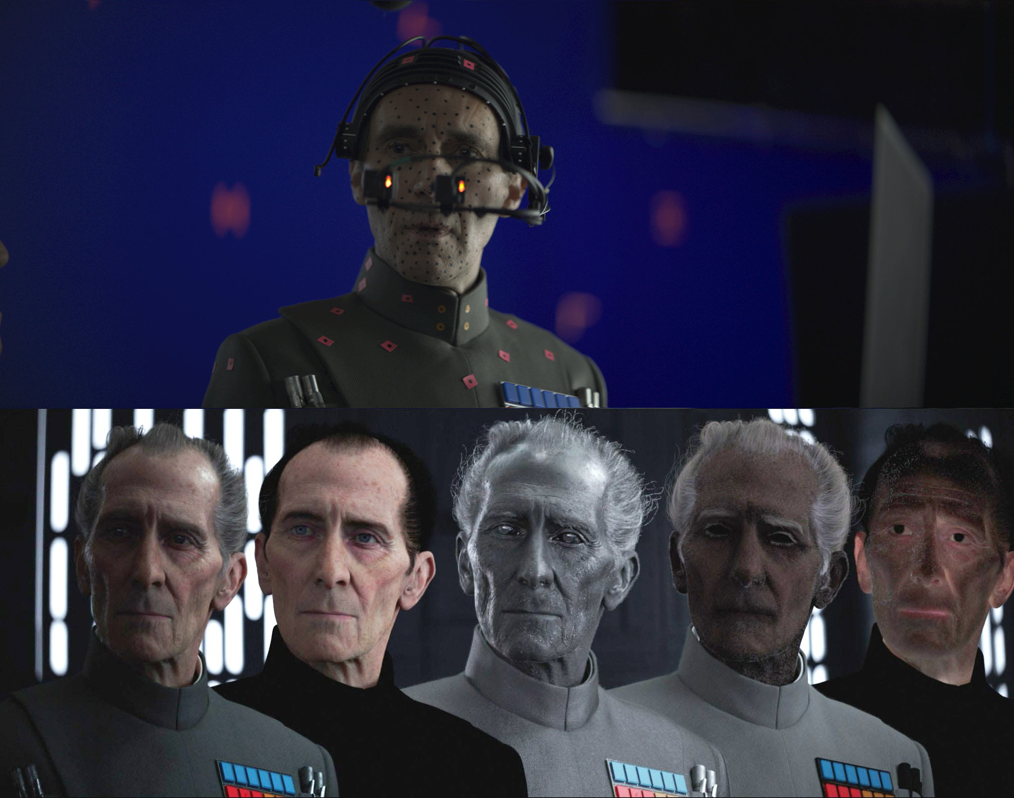 Stages in recreating Cushing's likeness on top of Guy Henry's performance as Tarkin in Rogue One