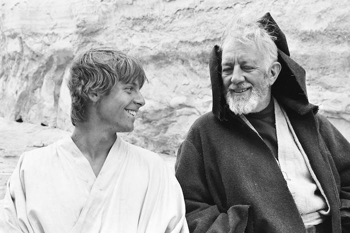 Hamill enjoys a lighthearted moment with Alec Guinness on the set of Star Wars.